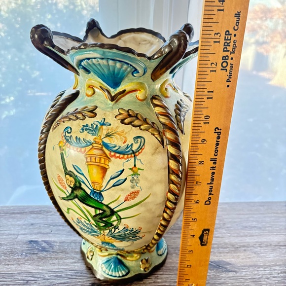Vintage Italy Hand Painted Urn Yellow Floral Scallop Italian Terracotta Vase - Picture 8 of 10